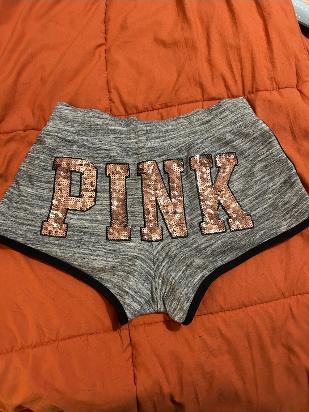 PINK Victoria's Secret Gray Shorts with Rose Gold Sequin Logo